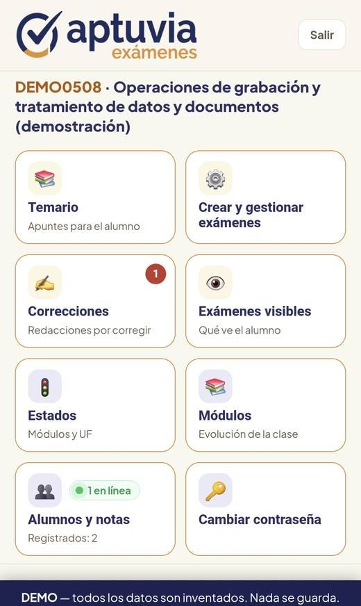 Panel del profesor en Aptuvia